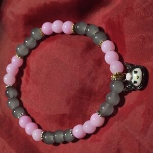Pink and Gray Beaded Bracelet with Charm